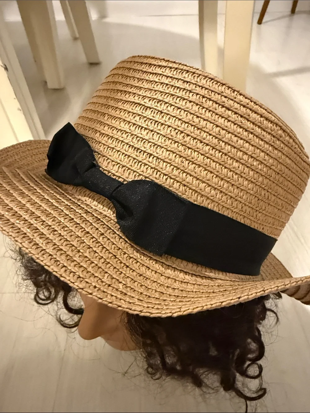 NWOT Straw Sun Hat with Black Ribbon Bow